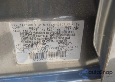 2020 Nissan Versa Sv Xtronic Cvt from USA, damaged, VIN 3N1CN8EVXLL813311